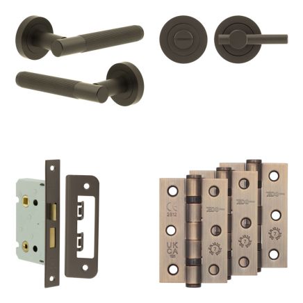 Complete Venice Door Handle Pack - Bathroom Lock (Plain Thumb Turn) - Dark Bronze - 65mm / 3-inch Hinges - JE-F5B2-DB