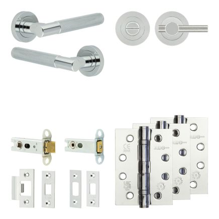 Complete Bari Door Handle Pack - Heavy Duty Tubular Bathroom (Knurled Thumb Turn) - Polished Chrome - 76mm / 4-inch Hinges - JE-D31A1-PC