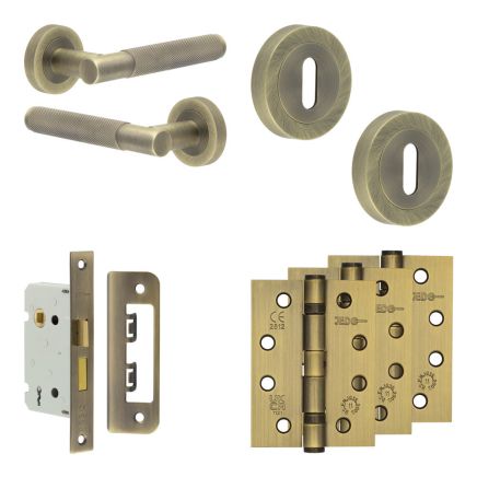 Complete Bari Door Handle Pack - Sashlock - Antique Brass - 65mm / 4-inch Hinges - JE-D7A8-AB