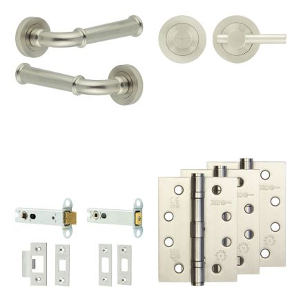 Complete Classic Door Handle Pack - Heavy Duty Tubular Bathroom (Plain Thumb Turn) - Satin Nickel - 102mm / 4-inch Hinges - JE-A32A2-SN