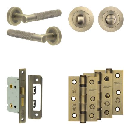 Complete Bari Door Handle Pack - Bathroom Lock (Standard Thumb Turn) - Antique Brass - 65mm / 3-inch Hinges - JE-D5B3-AB