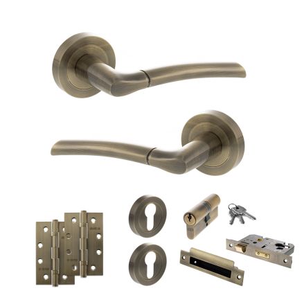 STATUS Indiana Door Handle Pack (Euro Lock Set - 3" CE Sashlock, 4" Slim Knuckle Hinges x2) - Antique Brass