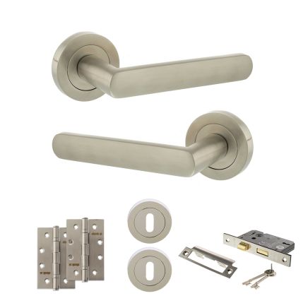 STATUS Carolina Door Handle Pack (3 Lever Lock Set - 2.5" CE Sashlock, 4" Slim Knuckle Hinges x2) - Satin Nickel