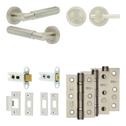 Complete Bloom Door Handle Pack - Heavy Duty Tubular Bathroom (Plain Thumb Turn) - Satin Nickel - 64mm / 3-inch Hinges - JE-B30B2-SN