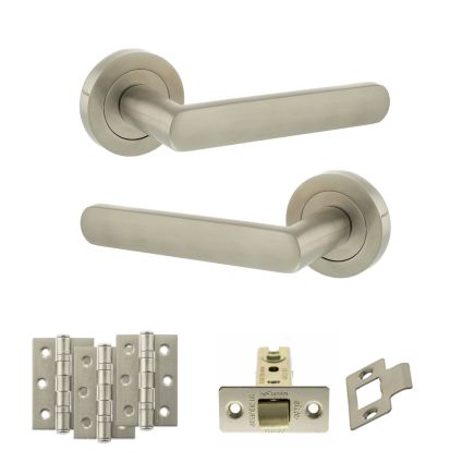 STATUS Carolina Door Handle Pack (Latch Set - 3" CE Latch, 3" Fire Rated Hinges x3) - Satin Nickel