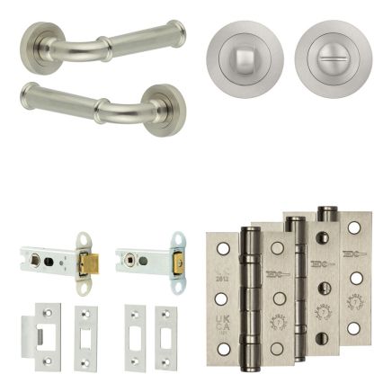Complete Classic Door Handle Pack - Heavy Duty Tubular Bathroom (Standard Thumb Turn) - Satin Nickel - 76mm / 3-inch Hinges - JE-A31B3-SN