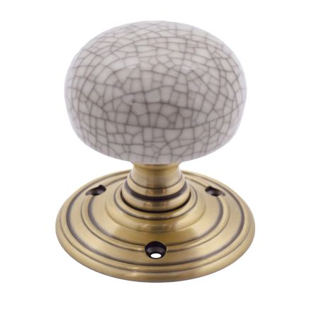 Zoo Hardware Porcelain Mortice Knob on Round Rose - Ivory Crackle - Face Fix - Bronze