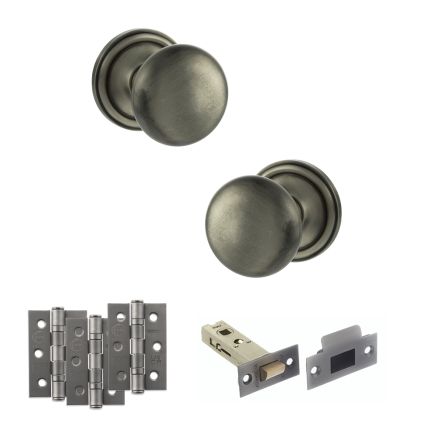 Old English Harrogate Door Knob Pack (Latch Set - 3" HD Latch, 3" Fire Rated Hinges x3) - Matt Gun Metal