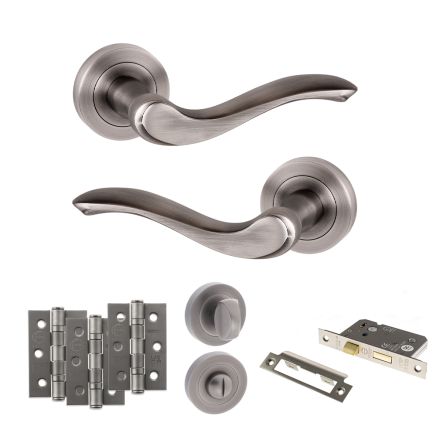 Old English Warwick Door Handle Pack (Bathroom Set - 2.5" CE Bathroom Lock, 3" Fire Rated Hinges x3) - Matt Gun Metal