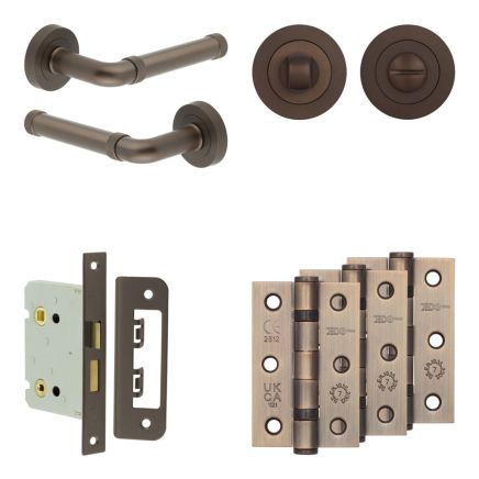 Complete Midtown Door Handle Pack - Bathroom Lock (Standard Thumb Turn) - Dark Bronze - 76mm / 3-inch Hinges - JE-G6B3-DB