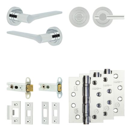 Complete Gio Door Handle Pack - Heavy Duty Tubular Bathroom (Plain Thumb Turn) - Polished Chrome - 76mm / 4-inch Hinges - JE-E31A2-PC