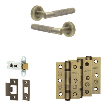 Complete Bari Door Handle Pack - Heavy Duty Latch - Antique Brass - 64mm / 3-inch Hinges - JE-D20B-AB
