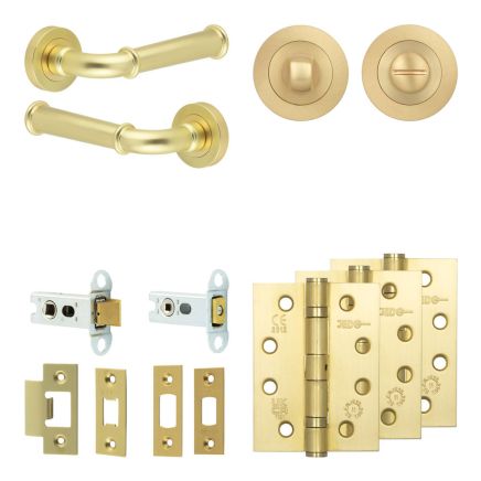 Complete Classic Door Handle Pack - Heavy Duty Tubular Bathroom (Standard Thumb Turn) - Satin Brass - 64mm / 4-inch Hinges - JE-A30A3-SB