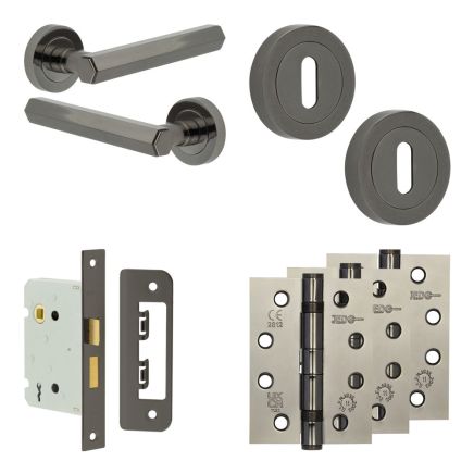 Complete Hex Door Handle Pack - Sashlock - Black Nickel - 76mm / 4-inch Hinges - JE-C8A8-BN