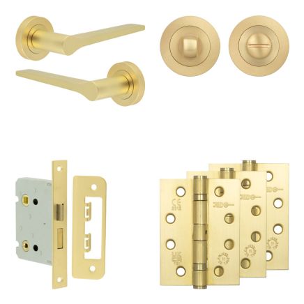 Complete Gio Door Handle Pack - Bathroom Lock (Standard Thumb Turn) - Satin Brass - 76mm / 4-inch Hinges - JE-E6A3-SB