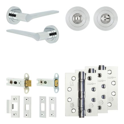 Complete Gio Door Handle Pack - Heavy Duty Tubular Bathroom (Standard Thumb Turn) - Polished Chrome - 76mm / 4-inch Hinges - JE-E31A3-PC