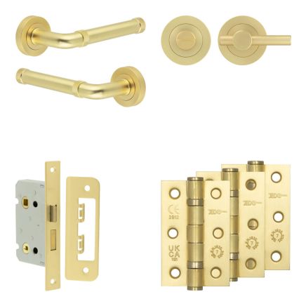 Complete Midtown Door Handle Pack - Bathroom Lock (Plain Thumb Turn) - Satin Brass - 65mm / 3-inch Hinges - JE-G5B2-SB