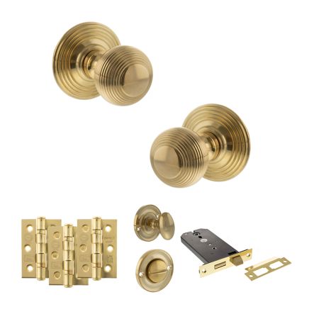 Old English Ripon Door Knob Pack (Lock Set - Horizontal Bathlock, 3" Fire Rated Hinges x3) - Raw Brass