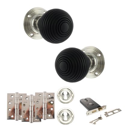 Old English Whitby Door Knob Pack (Lock Set - Horizontal Sashlock, 4" Fire Rated Hinges x3) - Polished Nickel