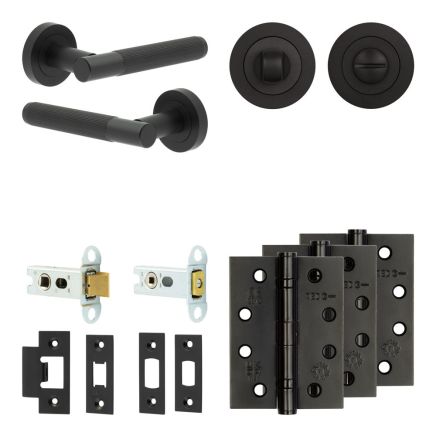Complete Venice Door Handle Pack - Heavy Duty Tubular Bathroom (Standard Thumb Turn) - Matt Black - 64mm / 4-inch Hinges - JE-F30A3-MB