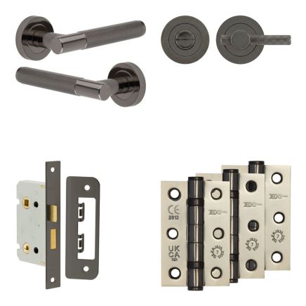 Complete Bari Door Handle Pack - Bathroom Lock (Knurled Thumb Turn) - Black Nickel - 65mm / 3-inch Hinges - JE-D5B1-BN