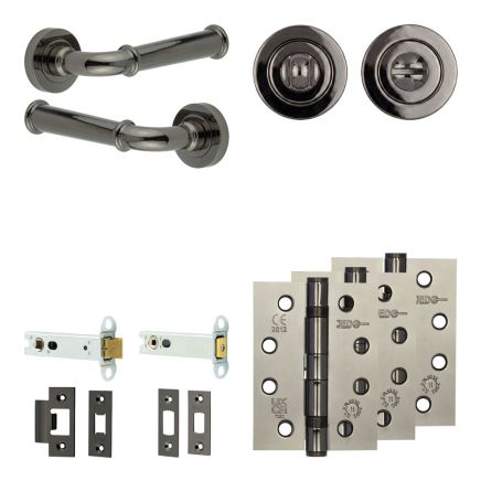 Complete Classic Door Handle Pack - Heavy Duty Tubular Bathroom (Standard Thumb Turn) - Black Nickel - 102mm / 4-inch Hinges - JE-A32A3-BN