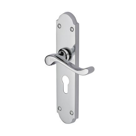 Heritage Brass Door Handle for Euro Profile Plate Savoy Long Design Polished Chrome finish