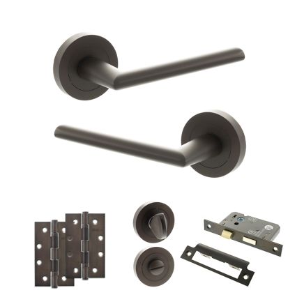 STATUS Alabama Door Handle Pack (Bathroom Set - 2.5" CE Bathroom Lock, 4" Slim Knuckle Hinges x2) - Urban Dark Bronze