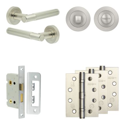 Complete Venice Door Handle Pack - Bathroom Lock (Standard Thumb Turn) - Satin Nickel - 65mm / 4-inch Hinges - JE-F5A3-SN