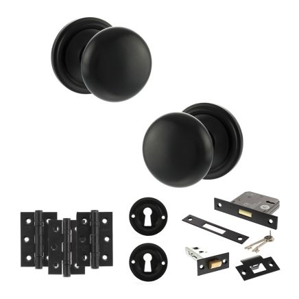 Old English Harrogate Door Knob Pack (Lock Set - 3" Latch & Deadlock, 3" Fire Rated Hinges x3) - Matt Black