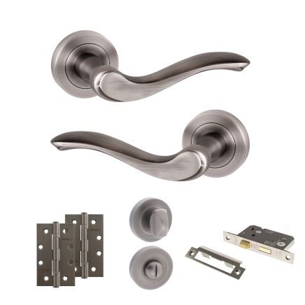 Old English Warwick Door Handle Pack (Bathroom Set - 3" CE Bathroom Lock, 4" Slim Knuckle Hinges x2) - Matt Gun Metal