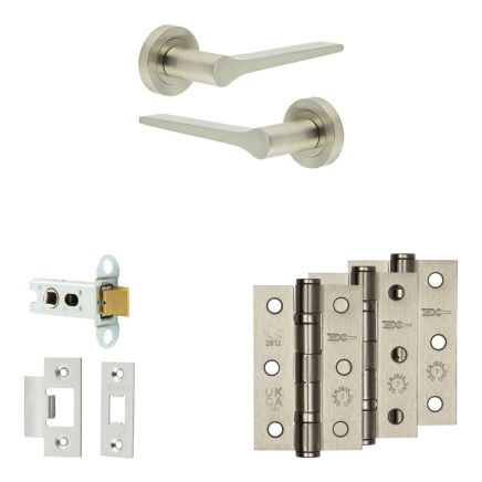 Complete Gio Door Handle Pack - Heavy Duty Latch - Satin Nickel - 64mm / 3-inch Hinges - JE-E20B-SN