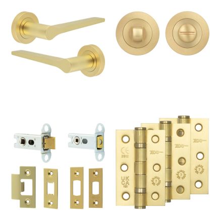 Complete Gio Door Handle Pack - Heavy Duty Tubular Bathroom (Standard Thumb Turn) - Satin Brass - 64mm / 3-inch Hinges - JE-E30B3-SB