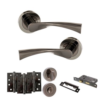 STATUS Colorado Door Handle Pack (Bathroom Set - 2.5" CE Bathroom Lock, 4" Fire Rated Hinges x3) - Black Nickel