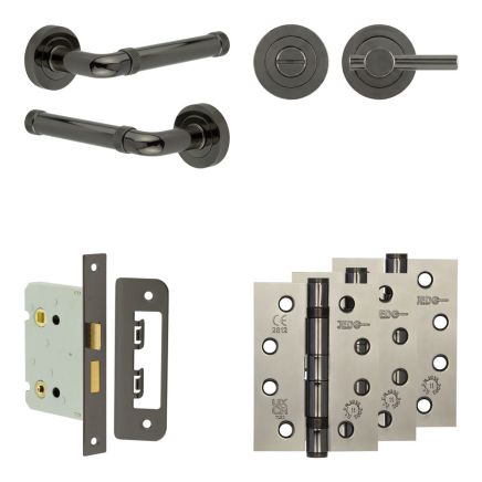 Complete Midtown Door Handle Pack - Bathroom Lock (Plain Thumb Turn) - Black Nickel - 76mm / 4-inch Hinges - JE-G6A2-BN