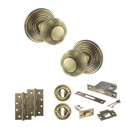 Old English Ripon Door Knob Pack (Lock Set - 3" Latch & Deadlock, 4" Slim Knuckle Hinges x2) - Antique Brass