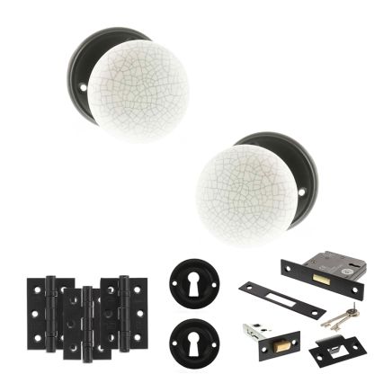 Old English Skipton Door Knob Pack (Lock Set - 3" Latch & Deadlock, 3" Fire Rated Hinges x3) - Matt Black