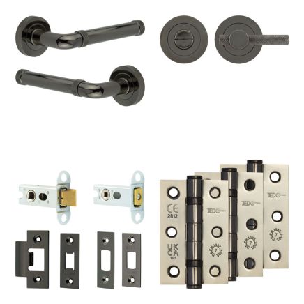 Complete Midtown Door Handle Pack - Heavy Duty Tubular Bathroom (Knurled Thumb Turn) - Black Nickel - 64mm / 3-inch Hinges - JE-G30B1-BN