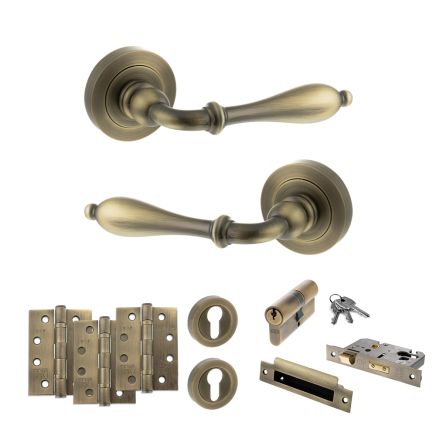 Old English Wrexham Door Handle Pack (Euro Lock Set - 3" CE Sashlock, 4" Fire Rated Hinges x3) - Matt Antique Brass