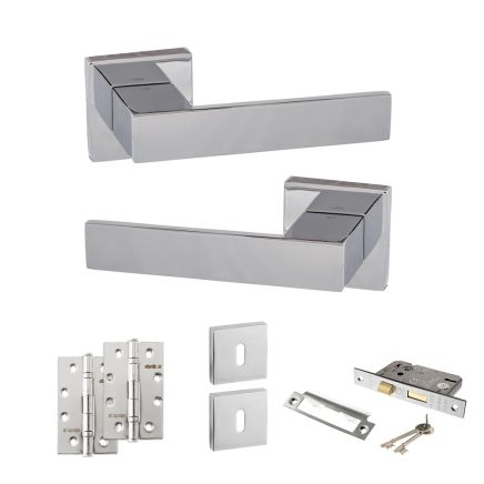 Senza Pari Panetti Door Handle Pack (3 Lever Lock Set - 3" CE Sashlock, 4" Slim Knuckle Hinges x2) - Polished Chrome