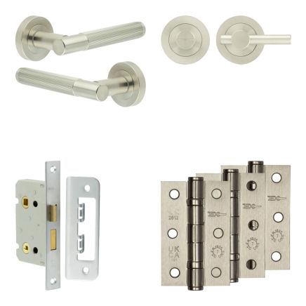 Complete Venice Door Handle Pack - Bathroom Lock (Plain Thumb Turn) - Satin Nickel - 65mm / 3-inch Hinges - JE-F5B2-SN