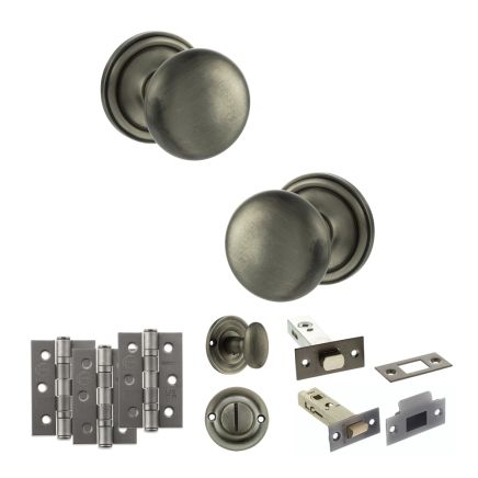 Old English Harrogate Door Knob Pack (Bathroom Set - 3" Deadbolt, 3" Fire Rated Hinges x3) - Matt Gun Metal