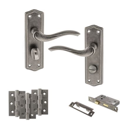 Old English Warwick Door Handle Pack (Bathroom Set - 2.5" CE Bathroom Lock, 3" Fire Rated Hinges x3) - Distressed Silver