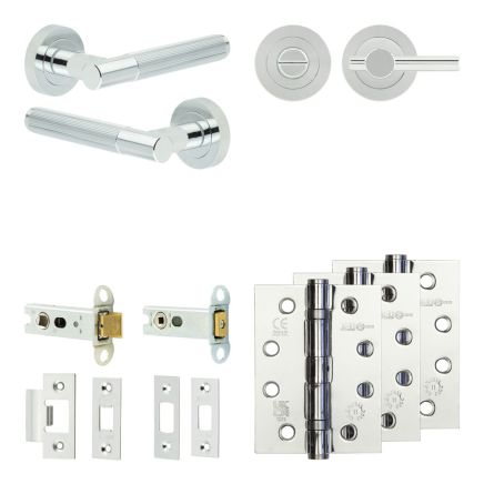 Complete Venice Door Handle Pack - Heavy Duty Tubular Bathroom (Plain Thumb Turn) - Polished Chrome - 76mm / 4-inch Hinges - JE-F31A2-PC