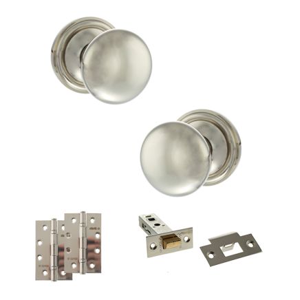 Old English Harrogate Door Knob Pack (Latch Set - 3" HD Latch, 4" Slim Knuckle Hinges x2) - Polished Nickel