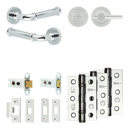 Complete Classic Door Handle Pack - Heavy Duty Tubular Bathroom (Plain Thumb Turn) - Polished Chrome - 64mm / 3-inch Hinges - JE-A30B2-PC
