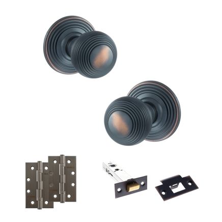 Old English Ripon Door Knob Pack (Latch Set - 3" HD Latch, 4" Slim Knuckle Hinges x2) - Antique Copper