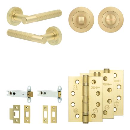 Complete Venice Door Handle Pack - Heavy Duty Tubular Bathroom (Standard Thumb Turn) - Satin Brass - 102mm / 4-inch Hinges - JE-F32A3-SB