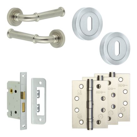 Complete Classic Door Handle Pack - Sashlock - Satin Nickel - 65mm / 4-inch Hinges - JE-A7A8-SN