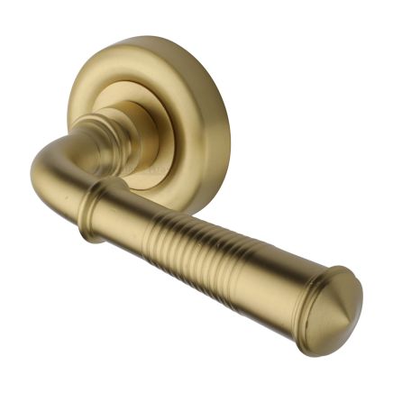 Heritage Brass Door Handle Lever on Rose Reeded Colonial Design Satin Brass Finish
